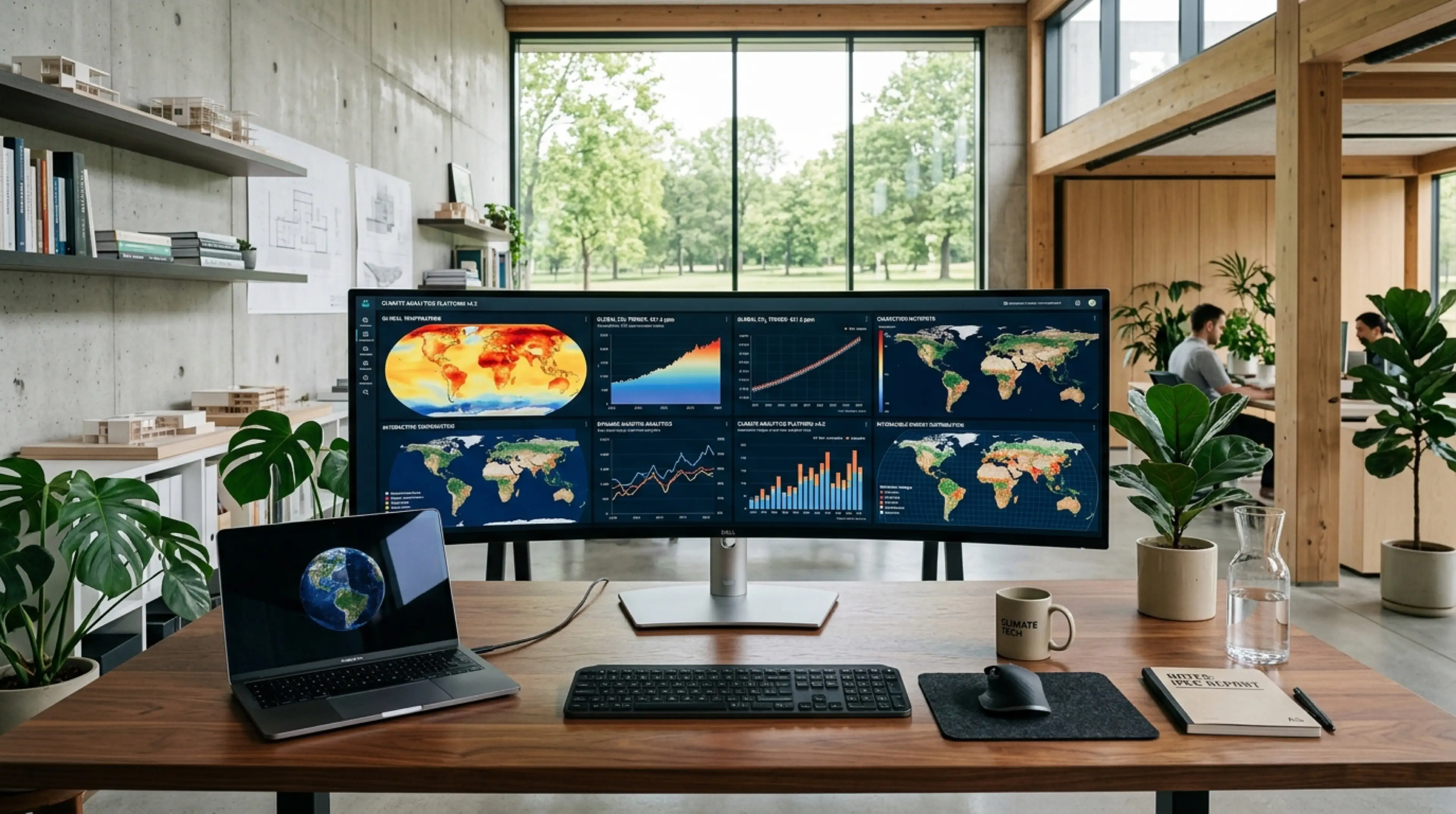 Scandinavian climate intelligence workspace with ultrawide display showing global environmental data